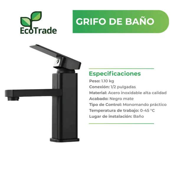 Grifería Baño Acero Inoxidable Negro Mate Monomando Cuadrado - Imagen 2