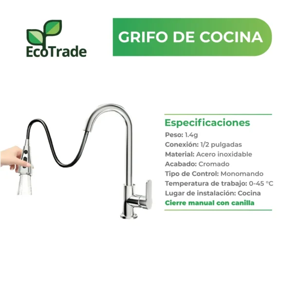 Grifo Cocina Monomando con Rociador Extensible Giro 360 grados - Imagen 2
