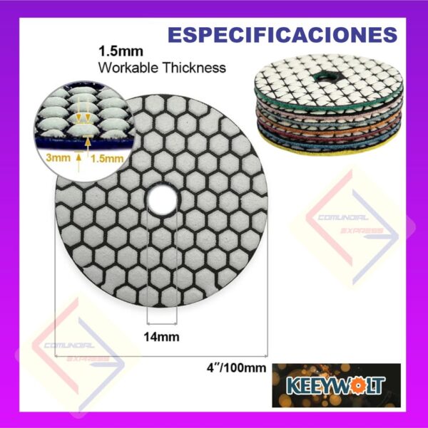ALMOHADILLA DISCO DE PULIDO DIAMANTE PROFESIONAL PULIDO INTENSIVO 4 PULG JUEGO 7 DISCOS - Imagen 2