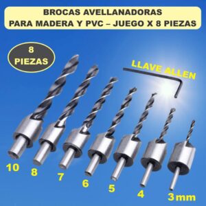BROCAS AVELLANADORAS PARA MADERA Y PVC JUEGO X 8 PCs