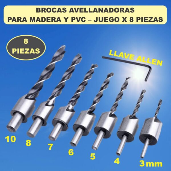 BROCAS AVELLANADORAS PARA MADERA Y PVC JUEGO X 8 PCs