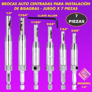 BROCAS PILOTO AUTOCENTRANTES HSS PARA LA INSTALACIÓN DE BISAGRAS JUEGO 7 PIEZAS