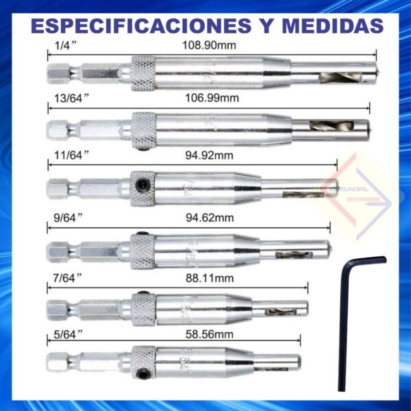 BROCAS PILOTO AUTOCENTRANTES HSS PARA LA INSTALACIÓN DE BISAGRAS JUEGO 7 PIEZAS - Imagen 2