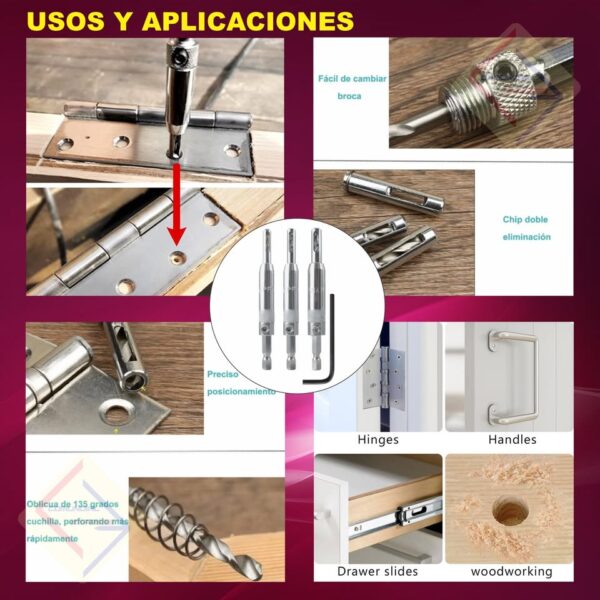BROCAS PILOTO AUTOCENTRANTES HSS PARA LA INSTALACIÓN DE BISAGRAS JUEGO 7 PIEZAS - Imagen 3