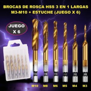 BROCAS DE ROSCA O MACHUELO HSS LARGAS 3 EN 1 DORADAS M3 M10 6 PCs ESTUCHE
