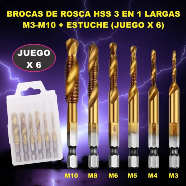 BROCAS DE ROSCA O MACHUELO HSS LARGAS 3 EN 1 DORADAS M3 M10 6 PCs ESTUCHE