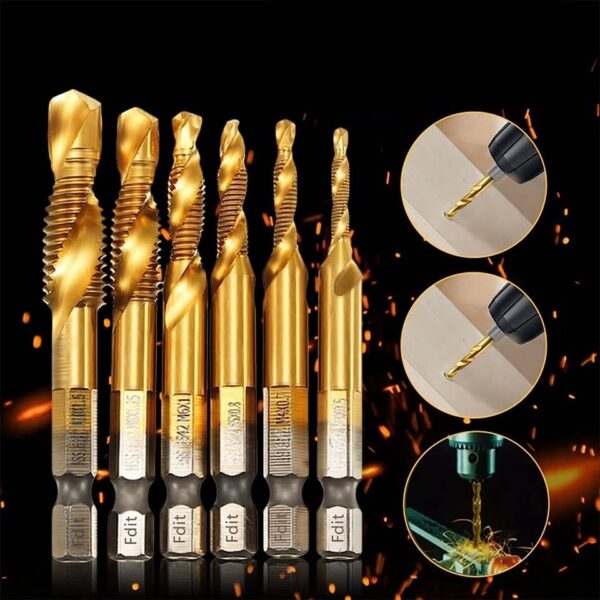 BROCAS DE ROSCA O MACHUELO HSS LARGAS 3 EN 1 DORADAS M3 M10 6 PCs ESTUCHE - Imagen 2