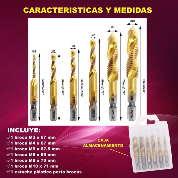 BROCAS DE ROSCA O MACHUELO HSS LARGAS 3 EN 1 DORADAS M3 M10 6 PCs ESTUCHE - Imagen 3