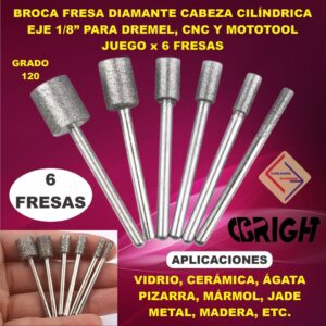 BROCA FRESA DIAMANTE CABEZA CILINDRICA DREMEL CNC Y MOTOTOOL 6 PCs