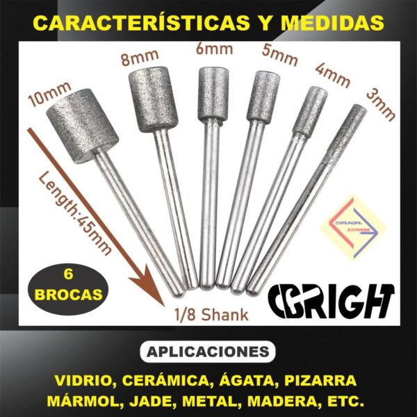 BROCA FRESA DIAMANTE CABEZA CILINDRICA DREMEL CNC Y MOTOTOOL 6 PCs - Imagen 2
