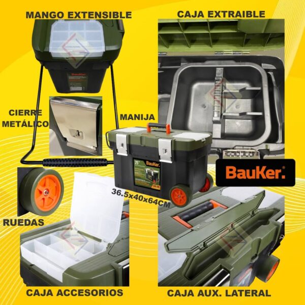 CARRO PORTAHERRAMIENTAS ORGANIZADOR BAUKER 25PG MANGO EXTENSIL RUEDAS - Imagen 3