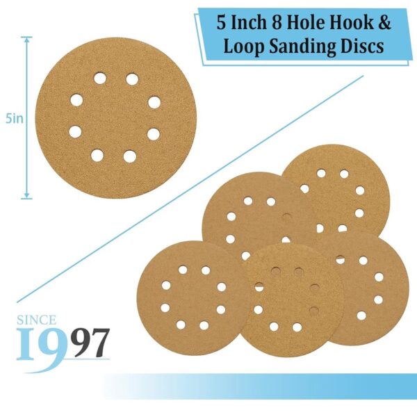 50 PCs DISCOS DE LIJA 5 PULG 125MM COLOR ORO VELCRO 8 AGUJEROS GRANO 80 AL 400 - Imagen 3
