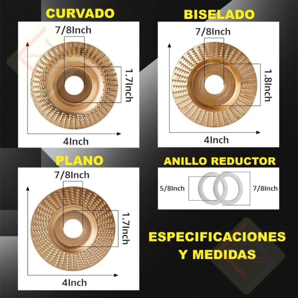 DISCO DE TALLADO MOLDEO Y BISELADO DE MADERA DE 4PG EJE 7otvs 3PCs - Imagen 3
