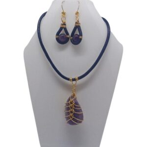 Juego de Collar Gargantilla y Aretes en Cuero Legítimo con Amatista