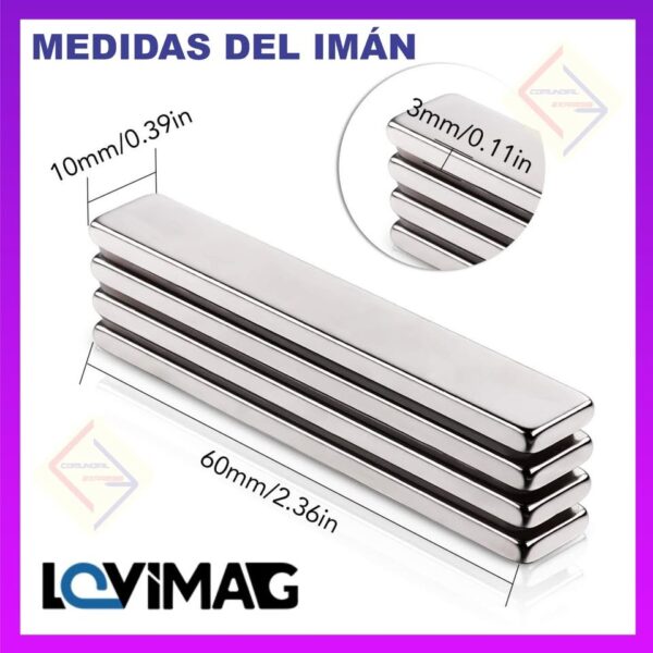 KIT IMAN DE NEODIMIO CON ADHESIVO EN BARRA DE 60X10X3 MM JUEGO DE 4 IMANES - Imagen 2