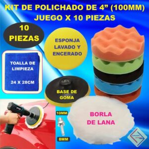 KIT DE PULIDO Y BRILLO AUTOS MOTOS 4 PULG TALADROS PQ 10 PIEZAS