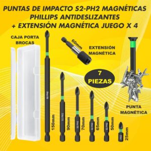 PUNTAS DE IMPACTO S2PH2 MAGNETICAS PHILLIPS RANURA CRUZADA MAS EXTENSION MAGNETICA 7 PCs