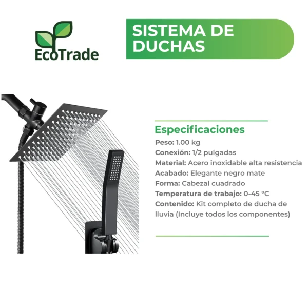 Ducha Lluvia Acero Inoxidable Negro mate Manguera Flexible - Imagen 2
