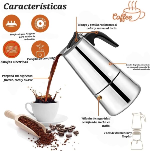 Cafetera expreso lujo italiano capacidad 9 tazas acero inoxidable - Imagen 4